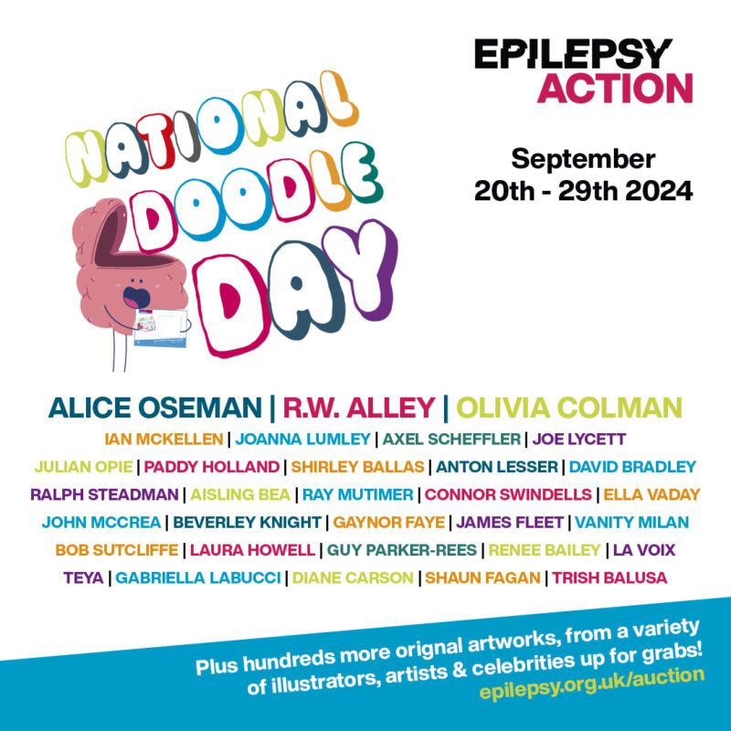 Epilepsy Action National Doodle Day September 20th to 29 2024 featuring doodles from various artists and celebrities including Olivia Colman, RW Alley, Sir Ian McKellen, Joanna Lumley, Alex Schaffer, Joe Lycett and many more