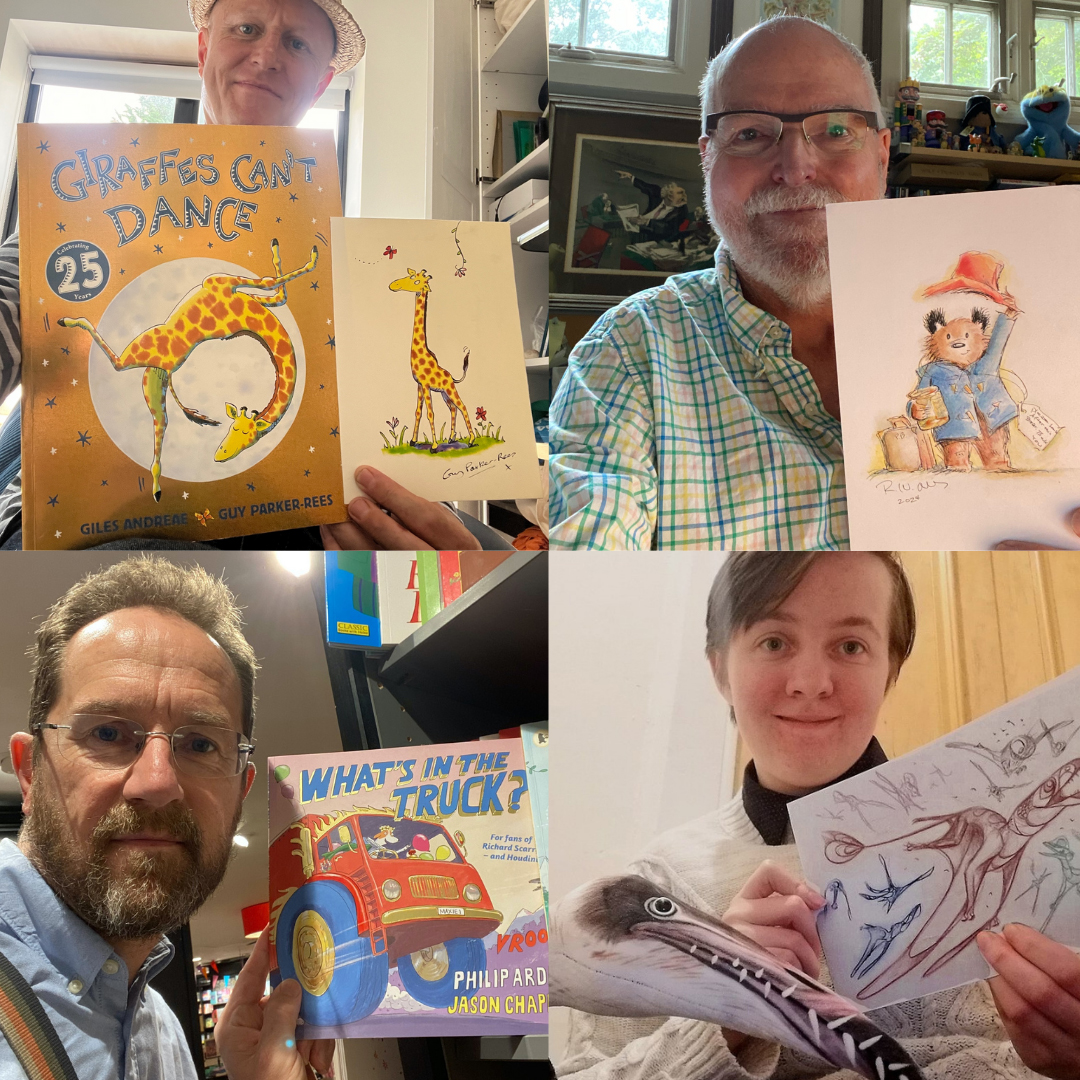 The four illustrators holding their artwork