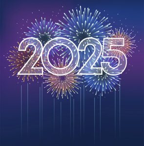 2025 with an image of fireworks in the background